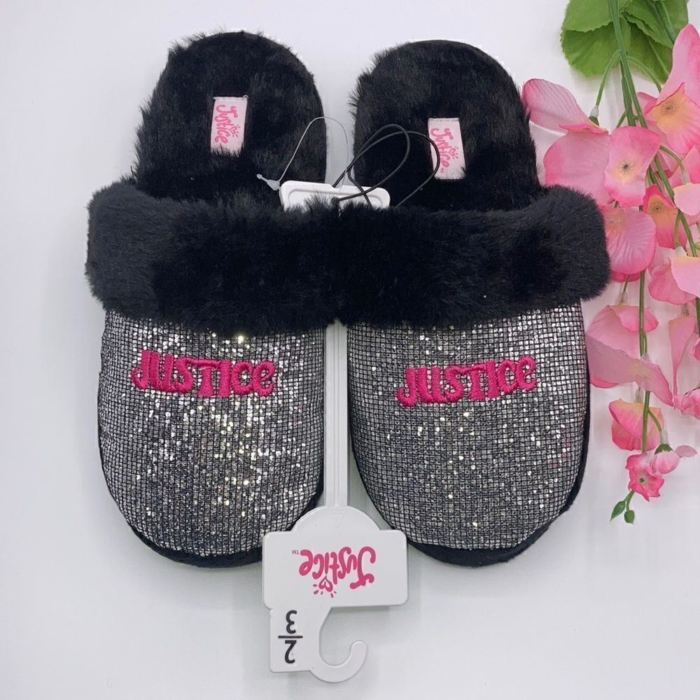 Justice Girls Graphic Slip On Sparkling Scuff Slippers Shoes Size 2/3